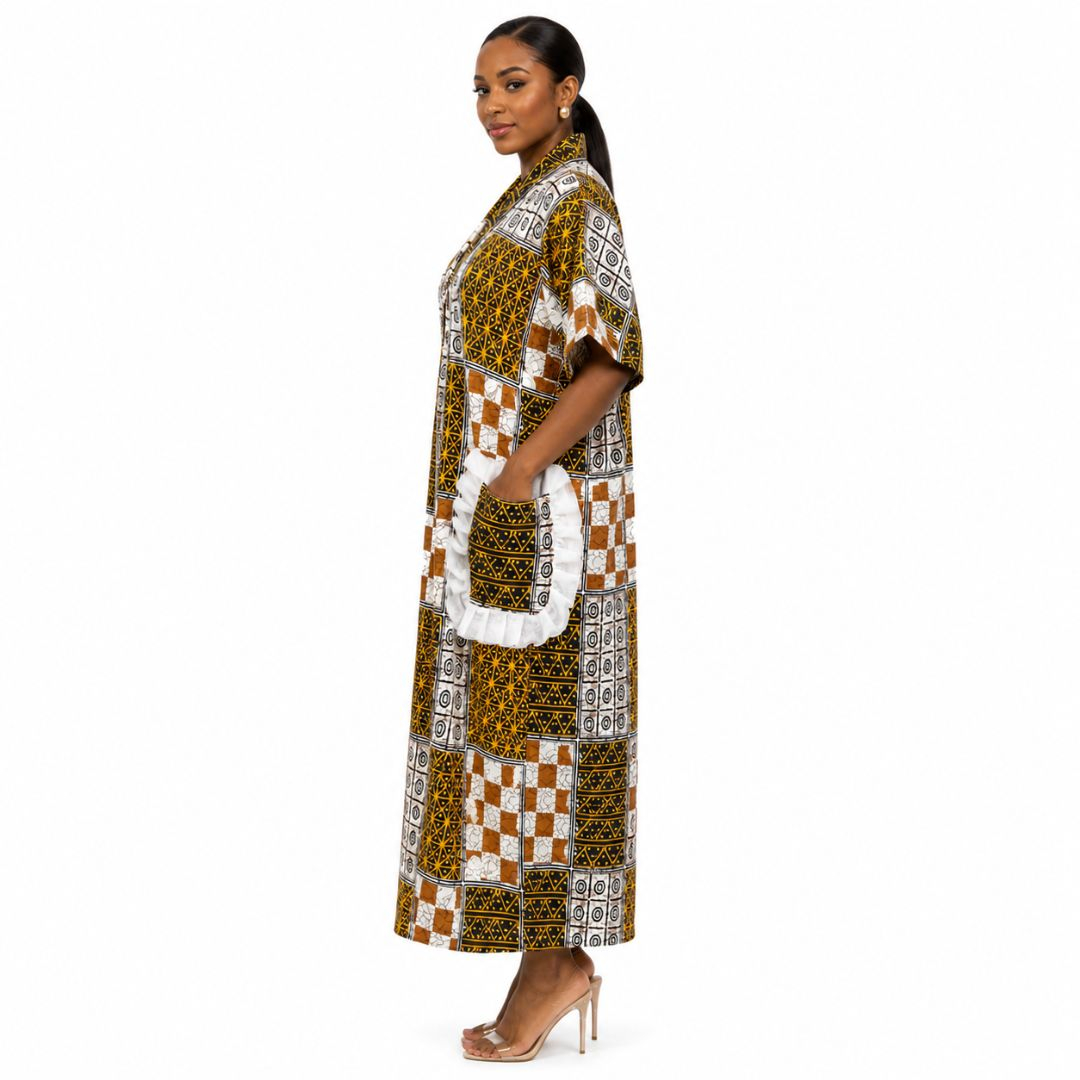 Geometric Print Kaftan with White Ruffle Pockets