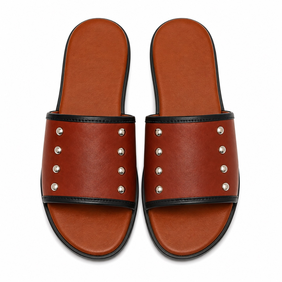 Luxury  Brown Studded Slide Sandals