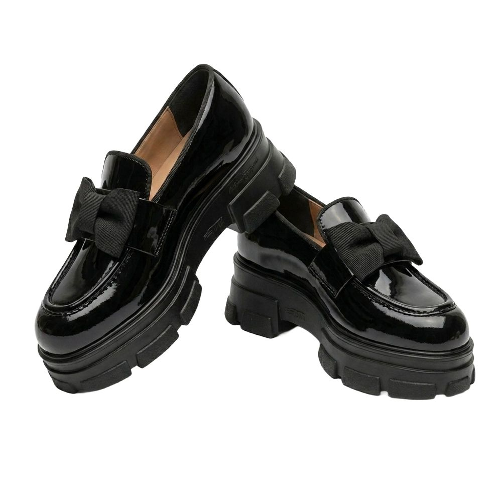 Black Patent Lug Sole Loafers with bow