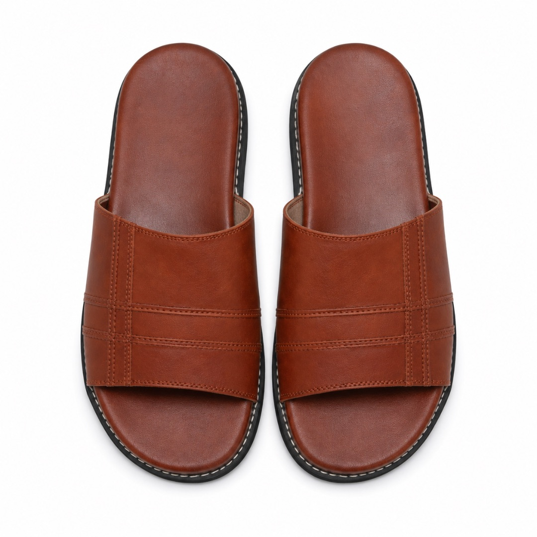 Luxury Cognac Brown Cross Strap Leather Slippers