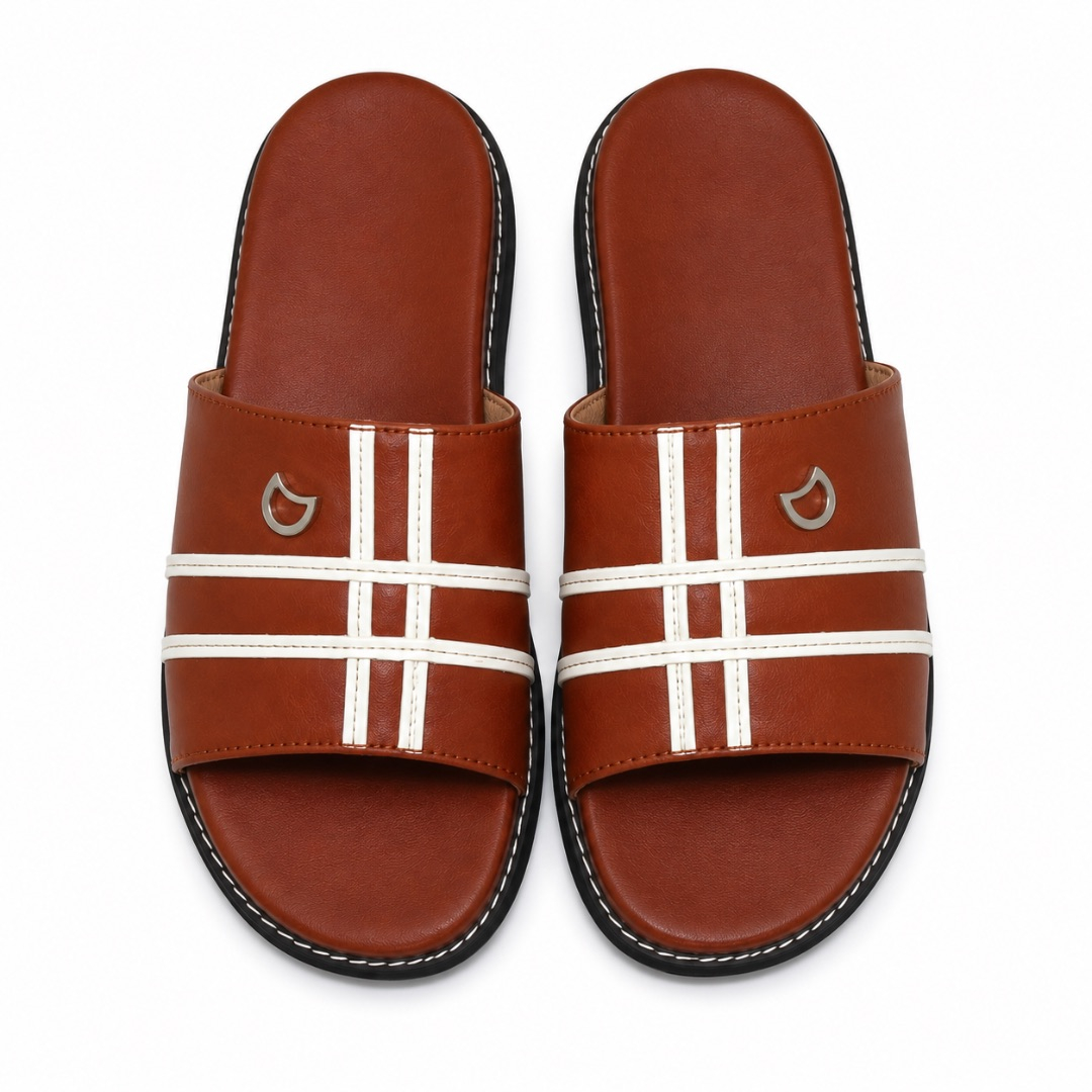 Luxury Cognac Brown Stripe Detail Leather Slippers