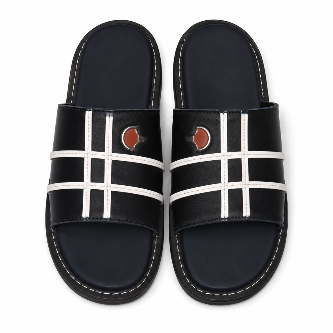 Luxury Black Stripe Detail Leather Slippers