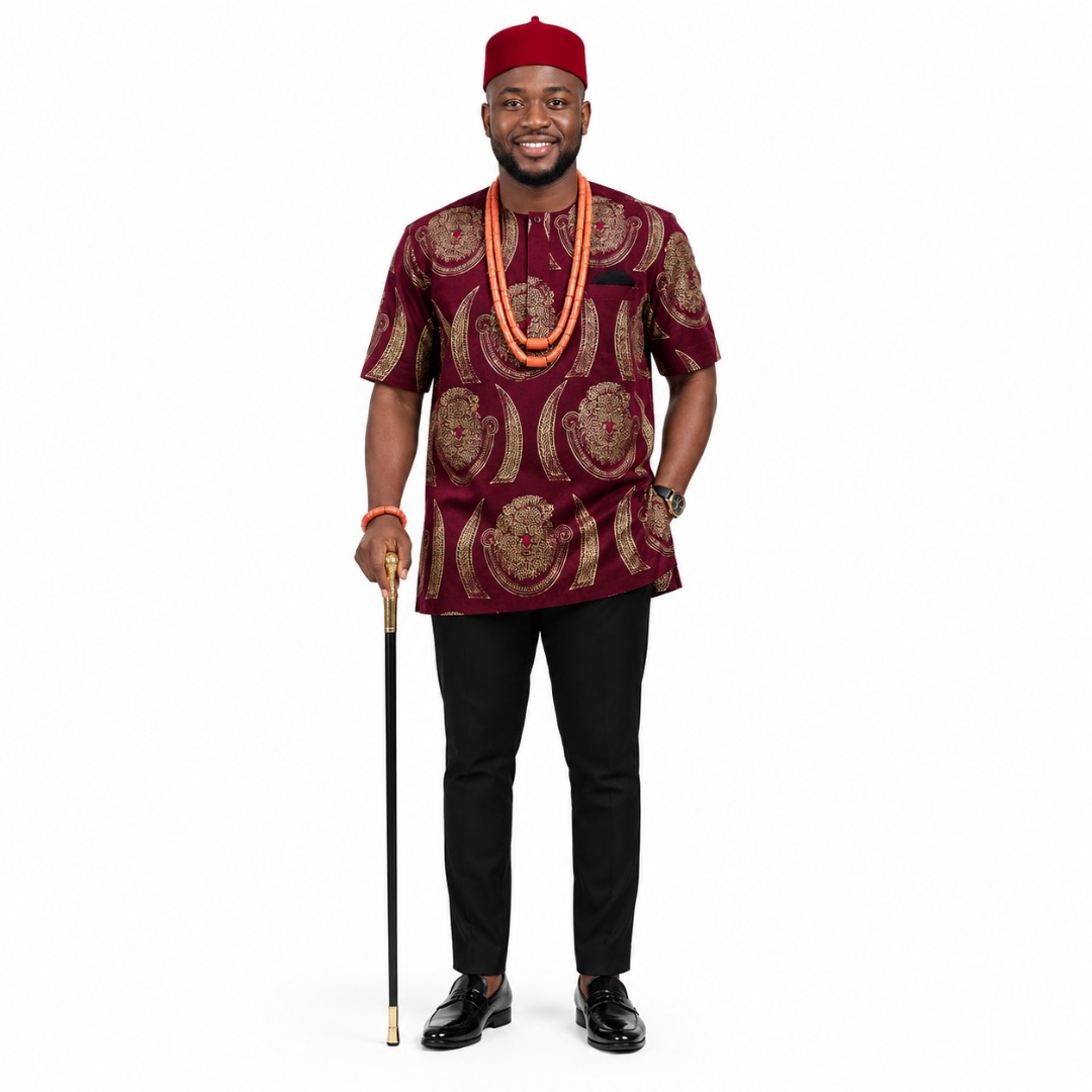 Royal Burgundy Igbo Lion Head Traditional Fenico Fabric