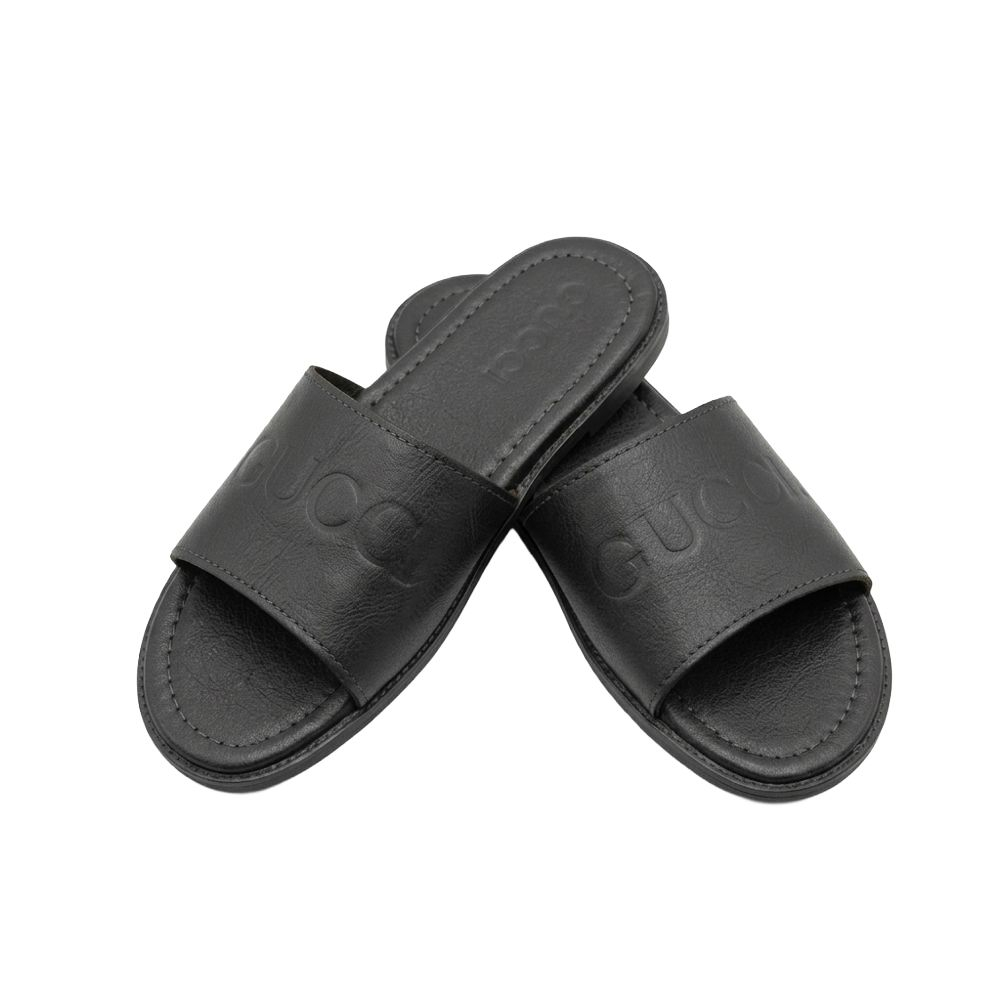 Men Black Leather Slide Sandals
