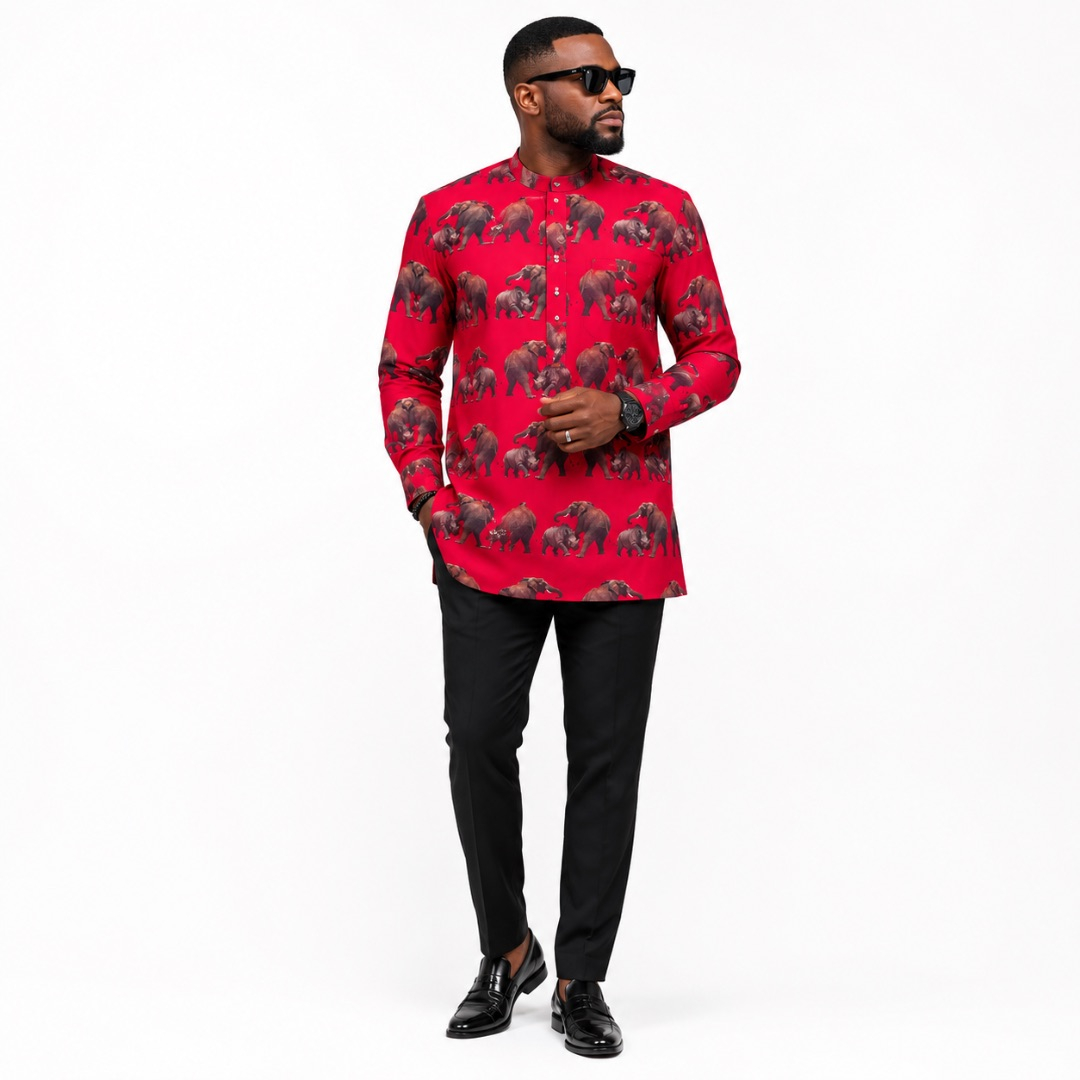 Luxury Red Safari Elephant and Rhino Traditional fenico Fabric