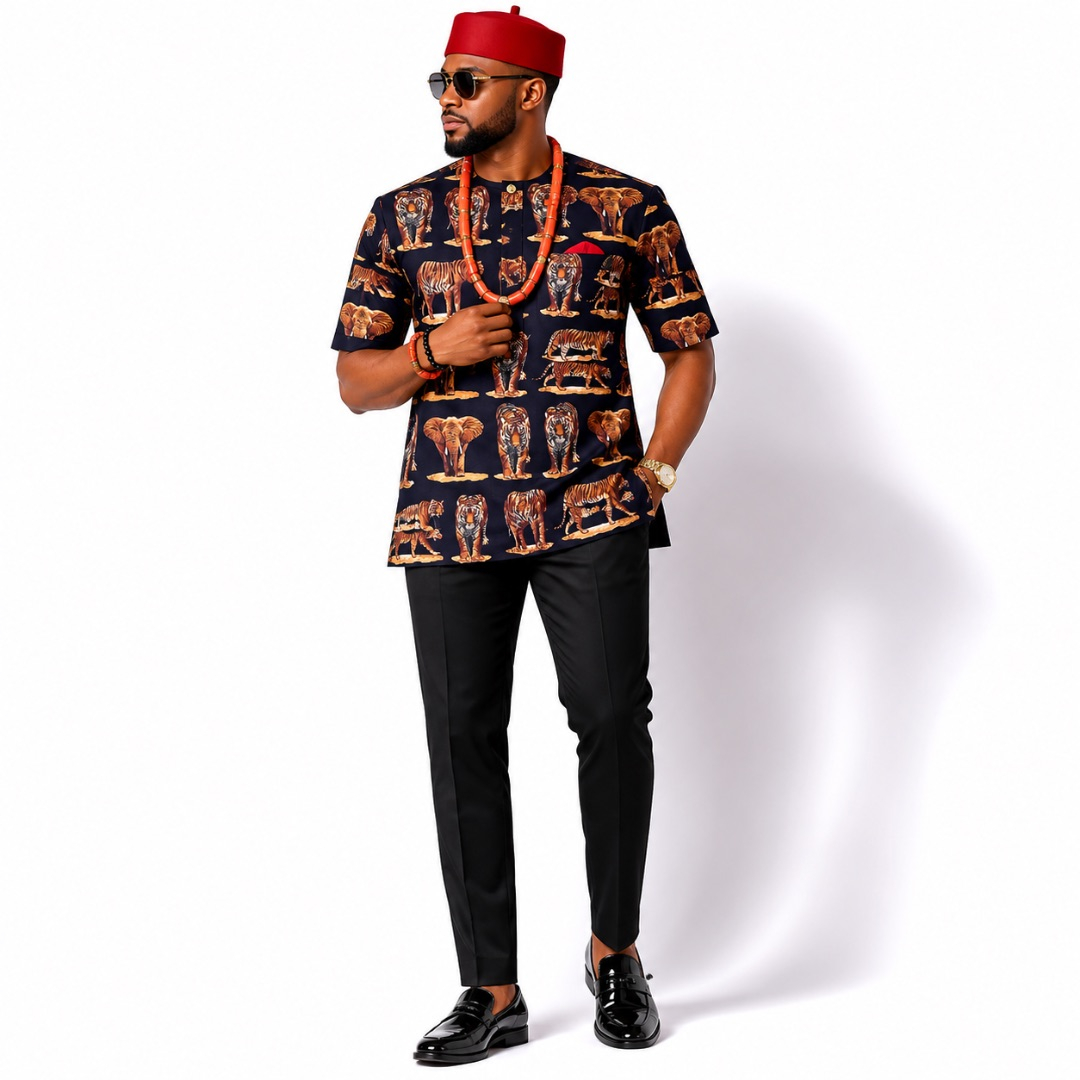 Luxury Black Safari Tiger and Elephant Traditional  fenico Fabric