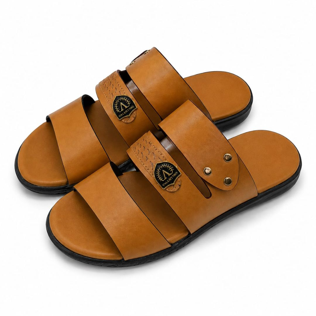 Mens Tan Triple Strap Fashion Slide Sandals