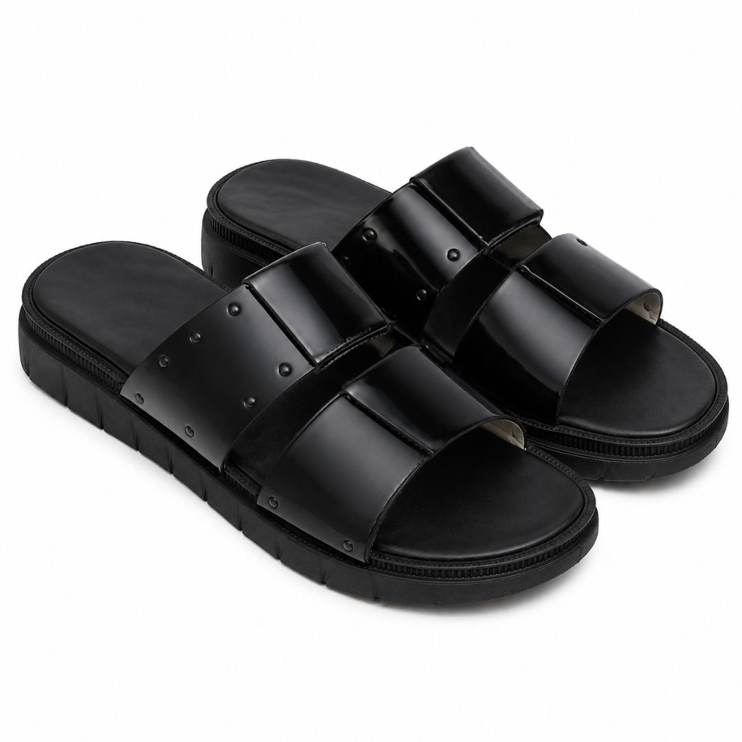 Mens Black Double Strap Comfort Slide Sandals