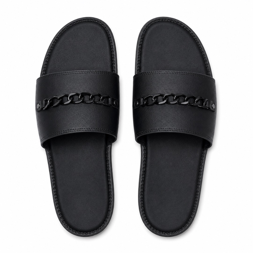 Luxury Black Chain Accent Comfort Slide Sandals