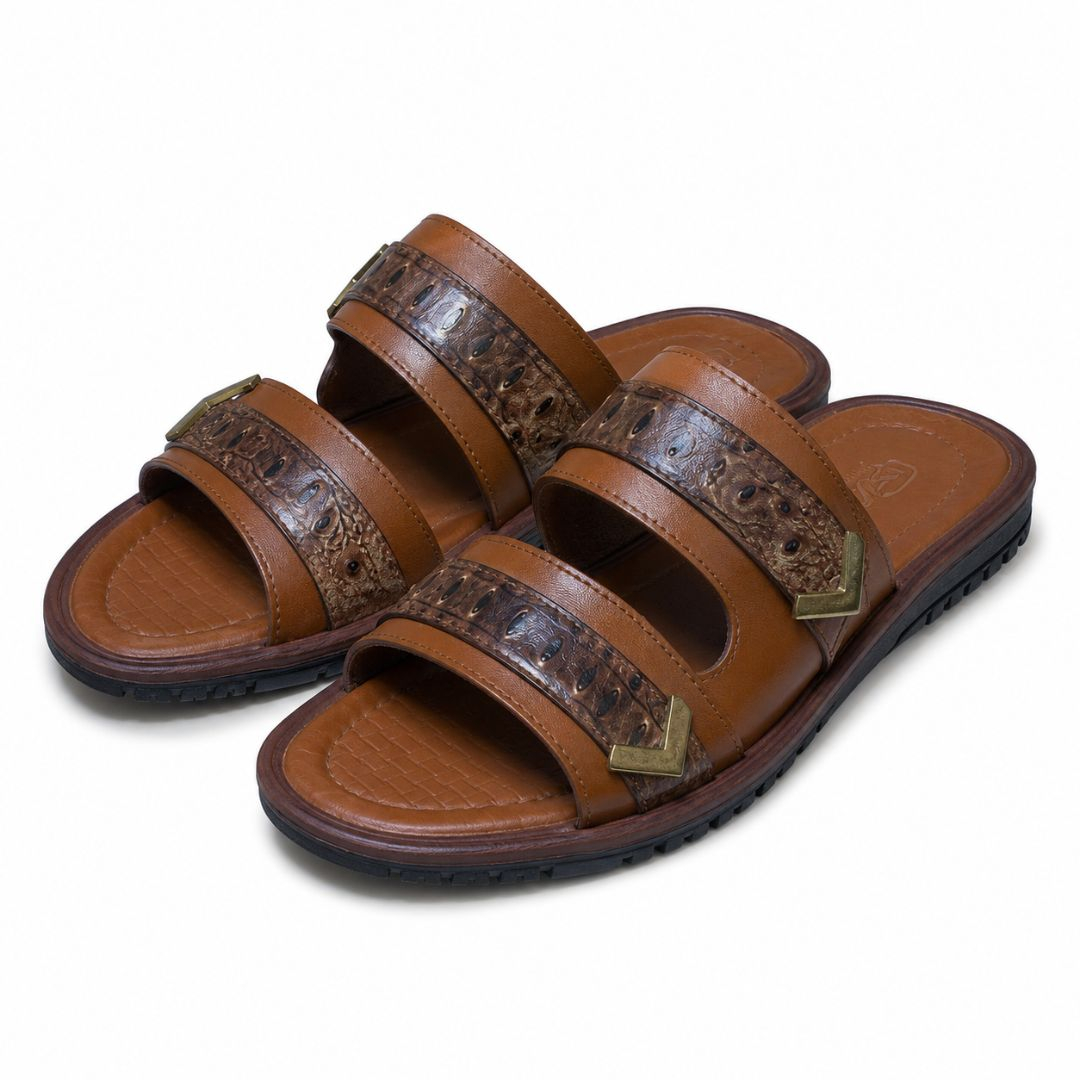 Mens Brown Double Strap Comfort Slide Sandal