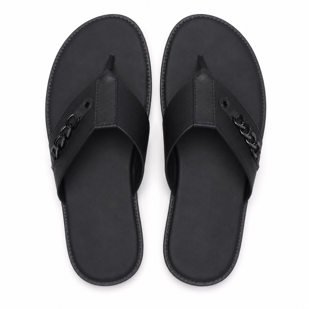 Luxury  Black Chain Accent Leather Flip Flop  Sandals