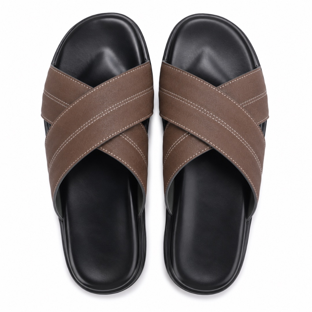 Luxury  Brown Cross Band Comfort Slide Sandals
