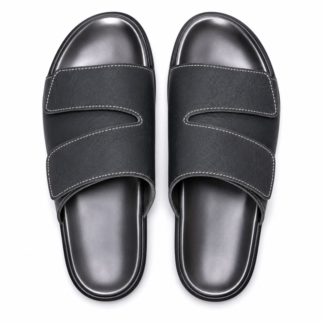 Luxury  Black Layered Strap Comfort Slide Sandals