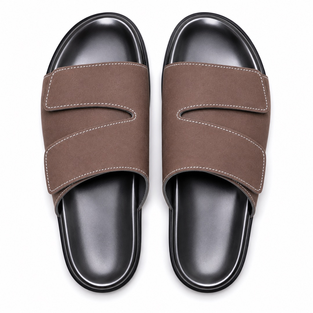 Luxury Brown Layered Strap Comfort Slide Sandals