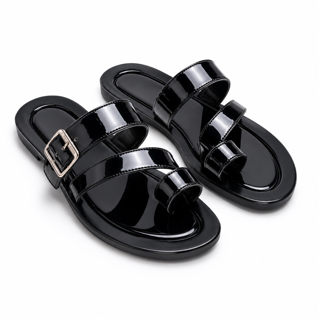 Luxury Black Patent Leather Toe Ring Sandals