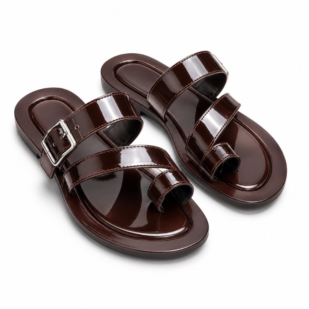 Luxury  Chocolate Brown Patent Leather Toe Ring Sandals