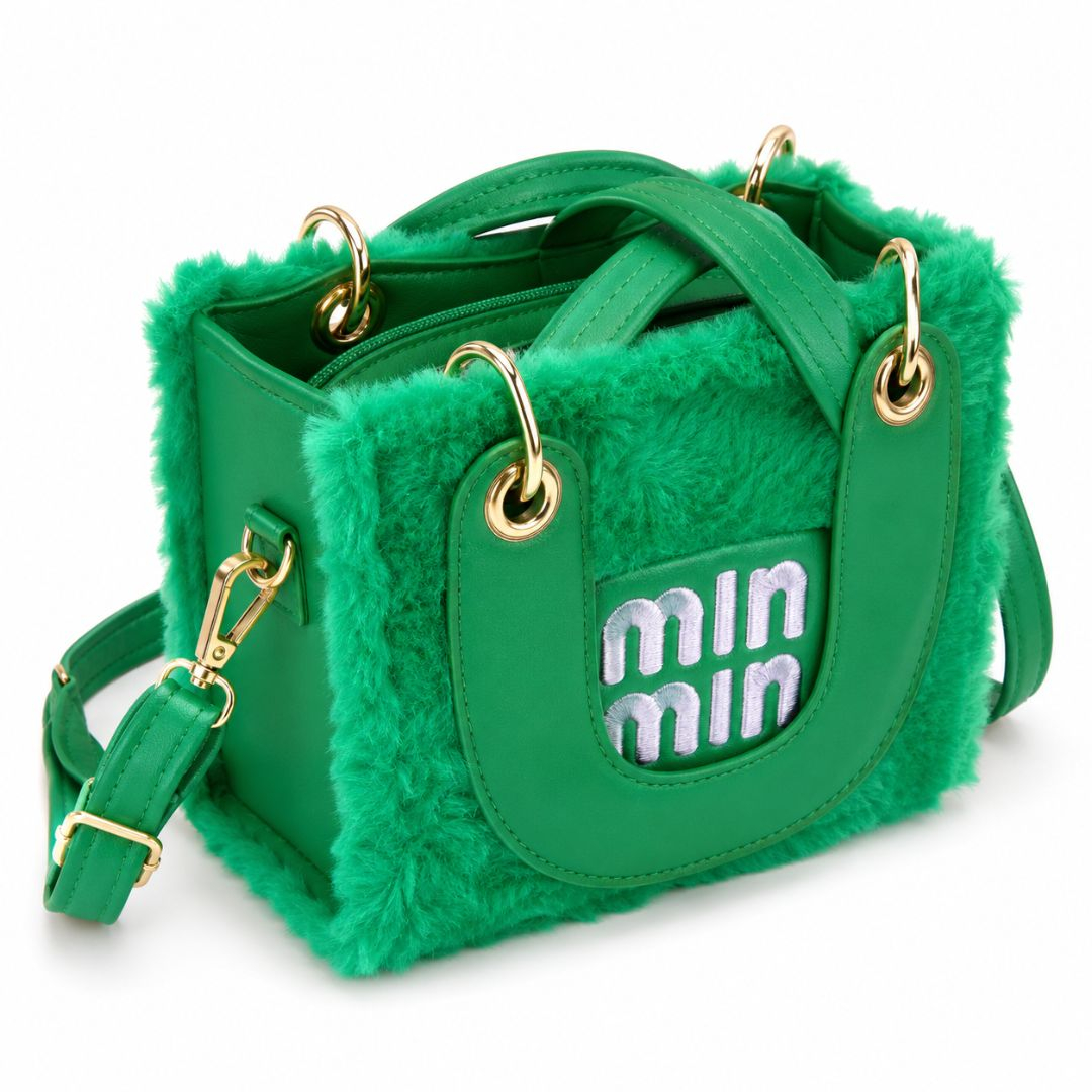 Womens Green Faux Fur Mini Tote Crossbody Bag