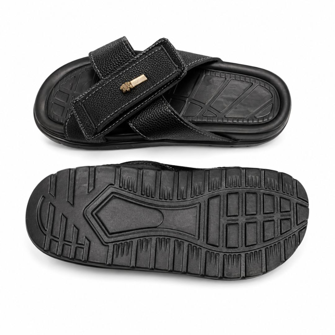 Mens Textured Black Multi Strap Slide Sandals
