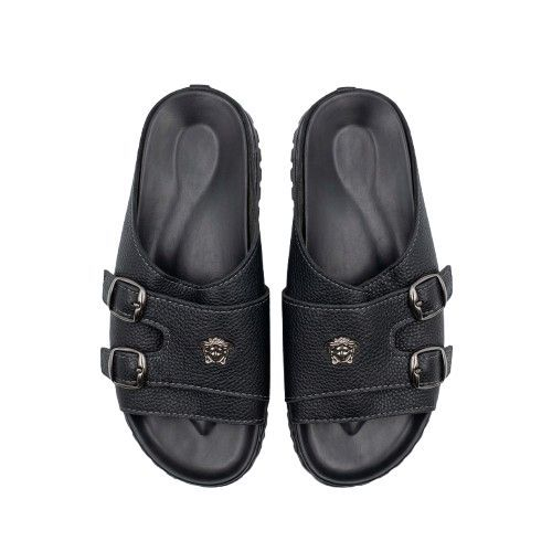Mens Textured Black Double Buckle Slide Sandals