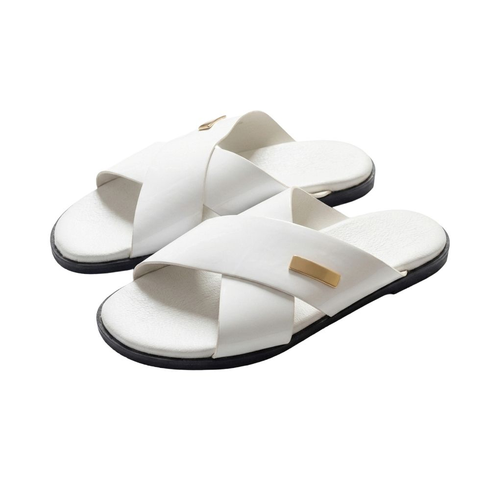 White Cross Strap Slip On Sandals with Gold Accent
