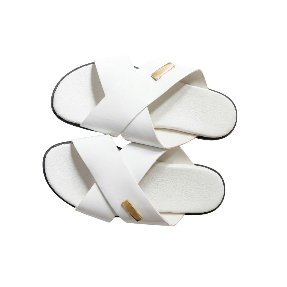 White Cross Strap Slip On Sandals with Gold Accent