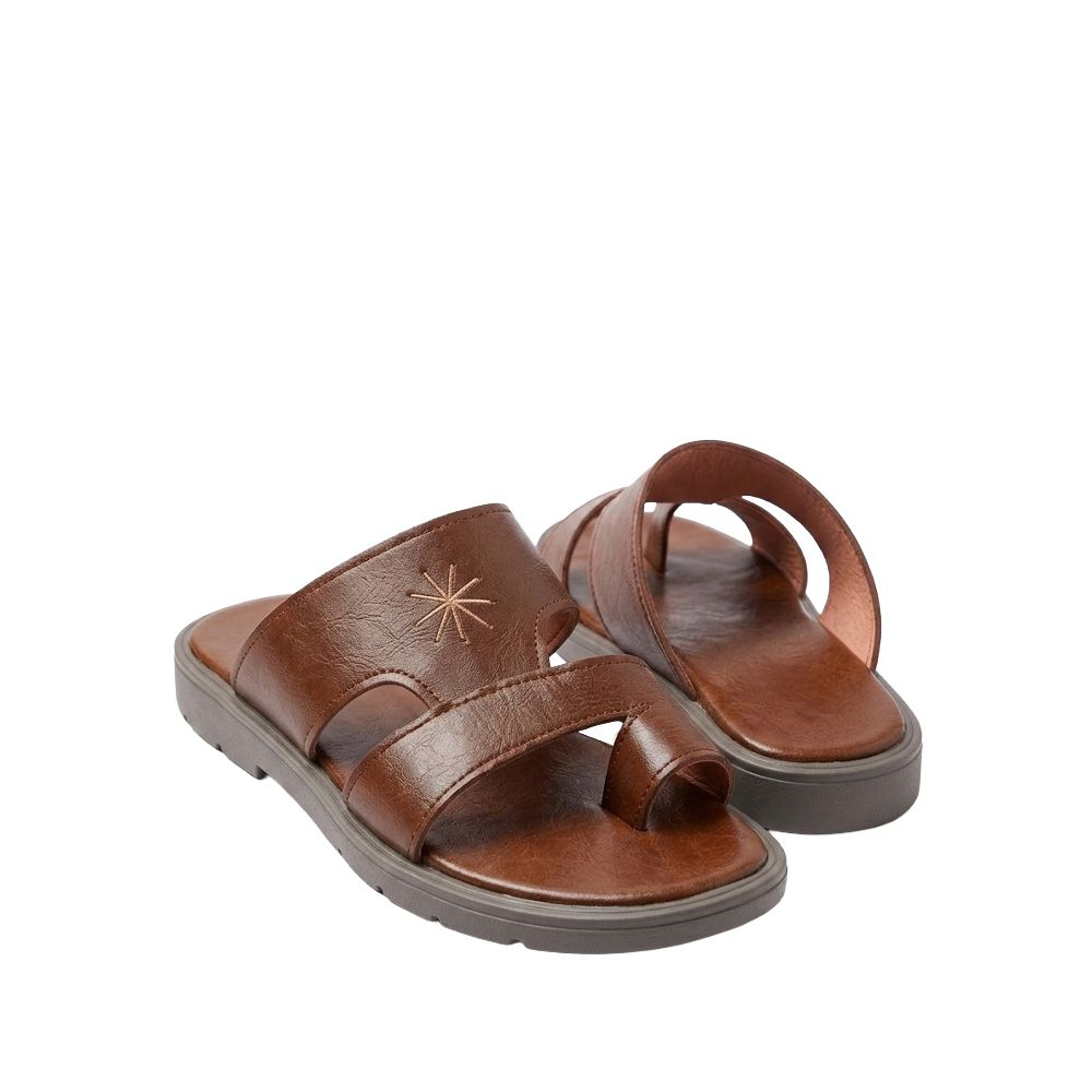 Mens Brown Toe Loop Leather Slides with Embroidered Detail