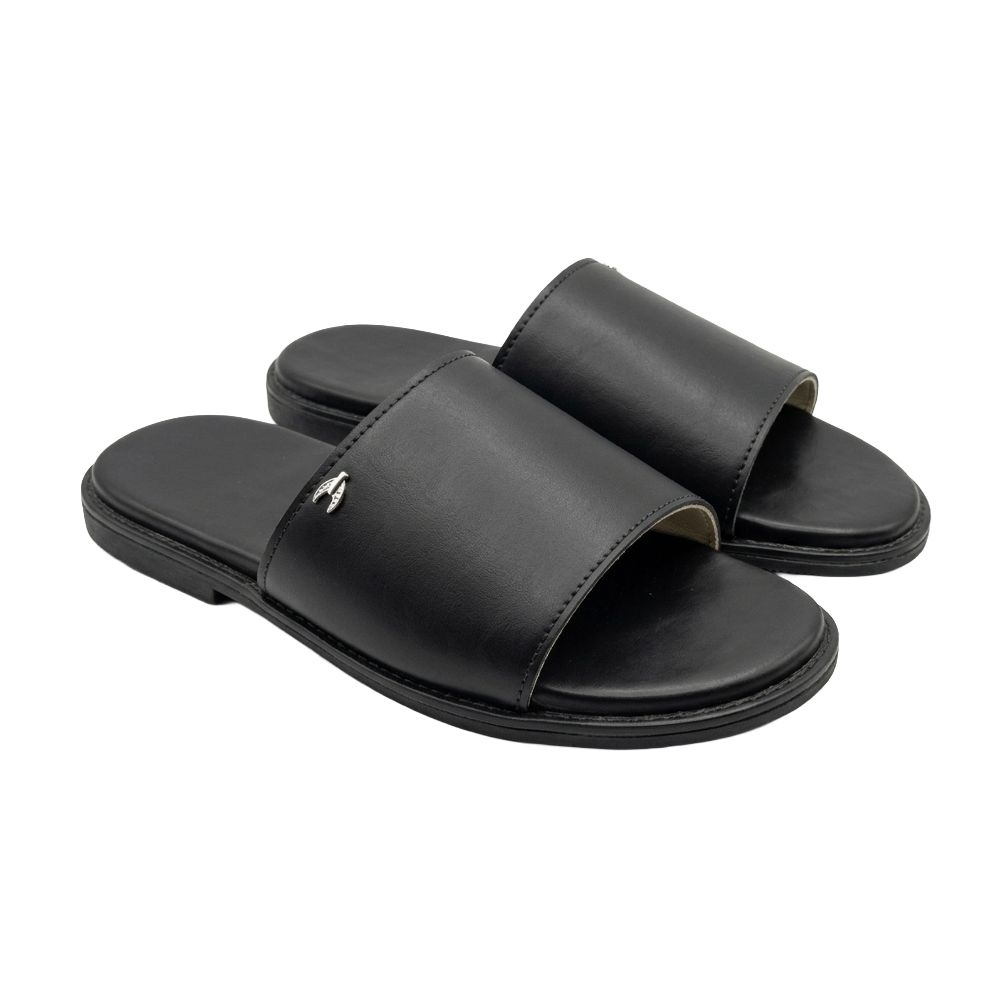 Mens Black Single Band Slip On Sandals with Accent