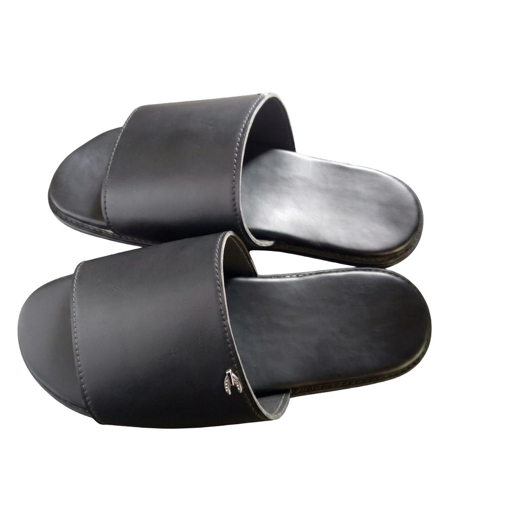 Mens Black Single Band Slip On Sandals with Accent