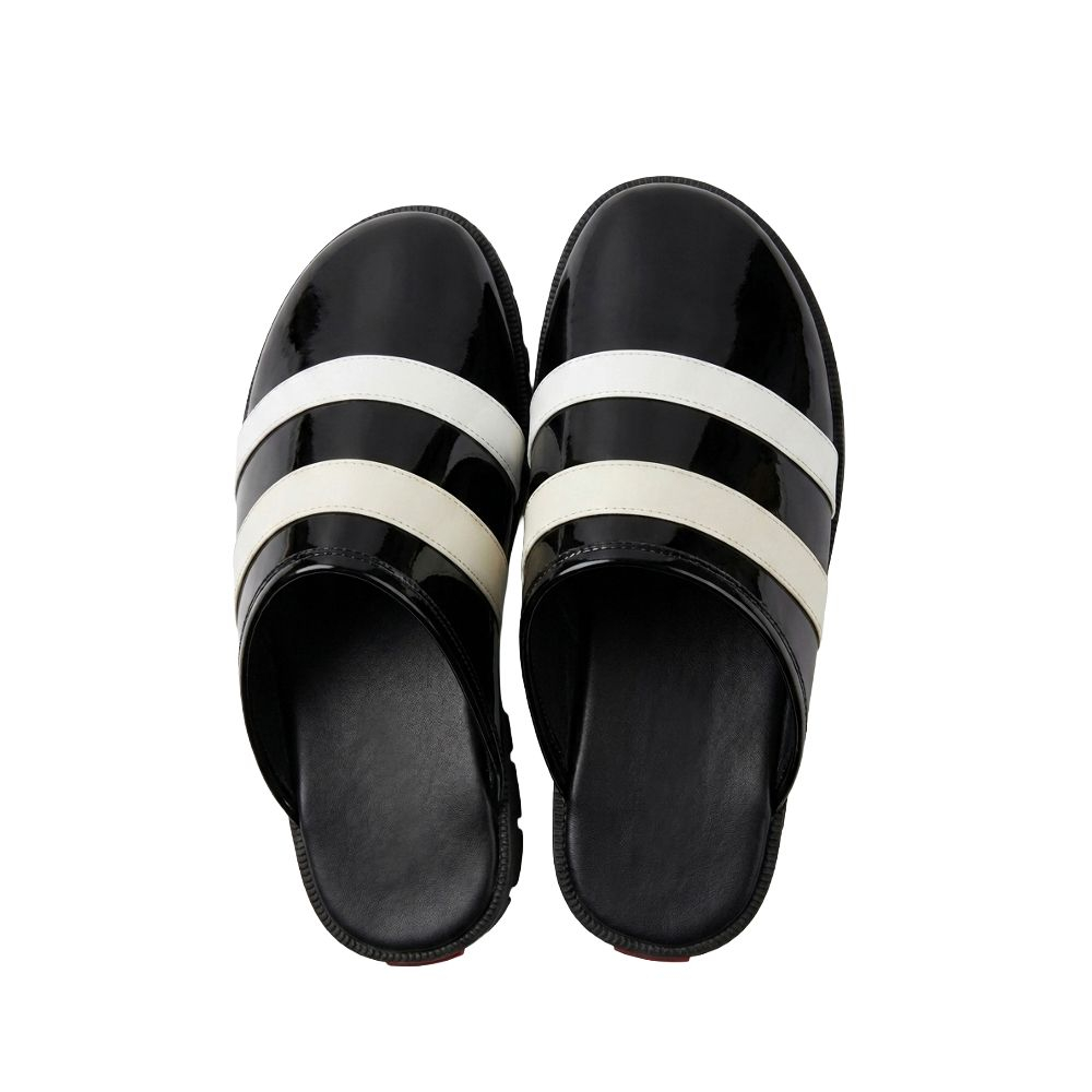 Black Patent and Contrast Strap Fashion Slides with Metallic Details