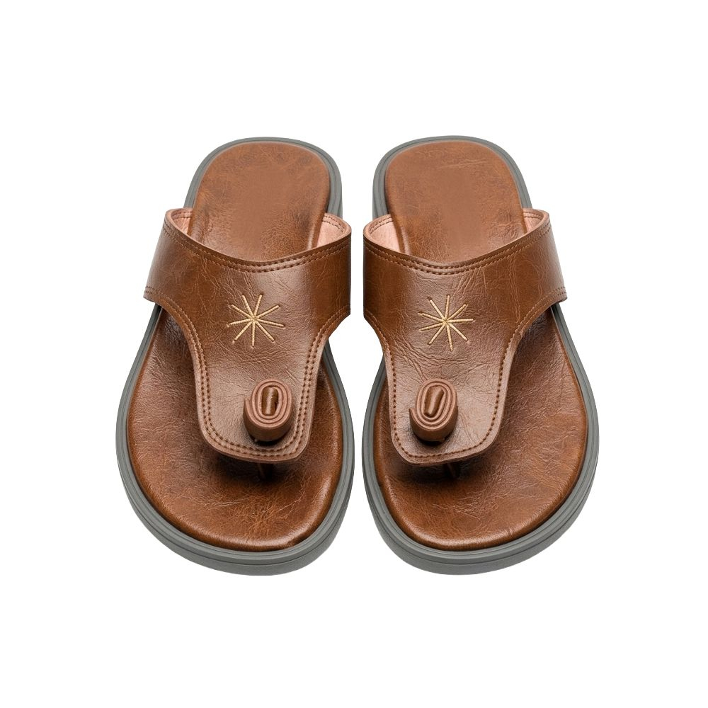Brown Toe Loop Leather Slides with Embroidered Detail