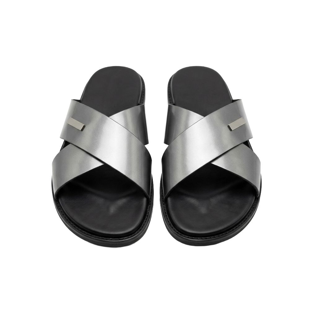 Mens Metallic Grey Crossover Strap Slide Sandals