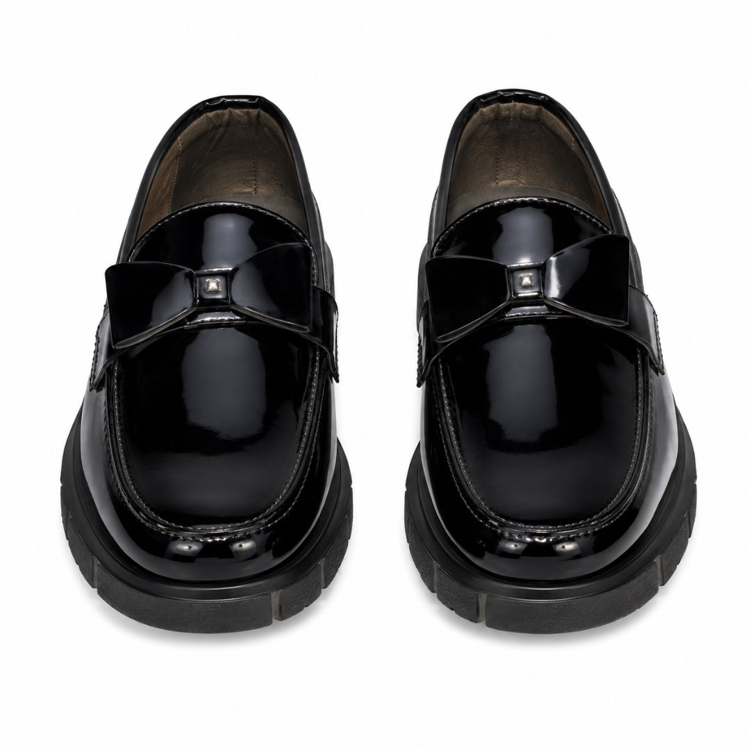 Womens Glossy Patent Bow Loafers with Chunky Sole