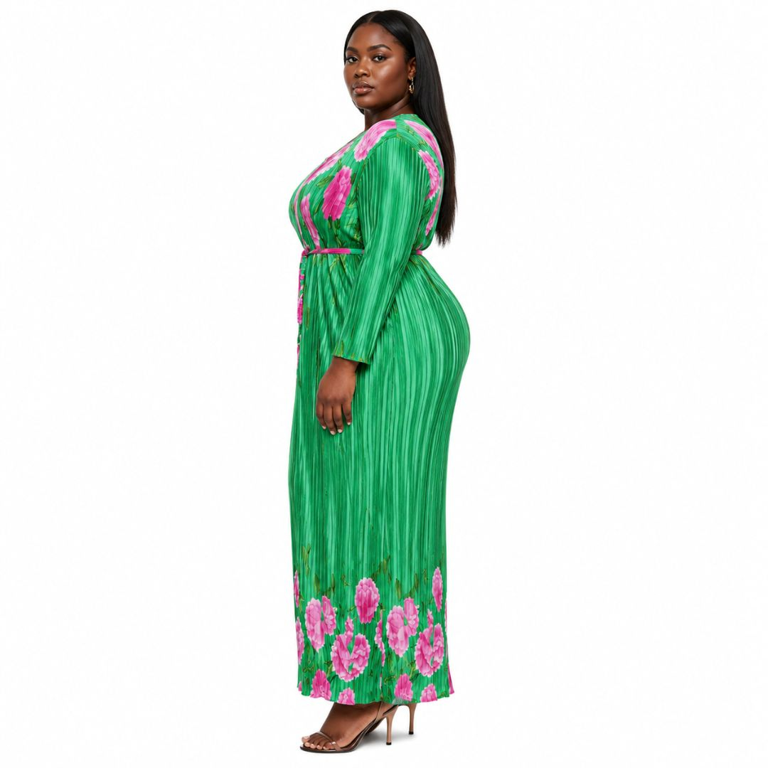Green Floral Pleated Maxi Dress with Pink Peony Print