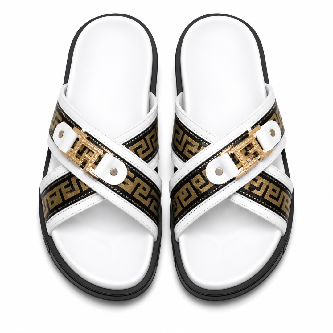 Mens  White Slide Sandals with Gold Buckle