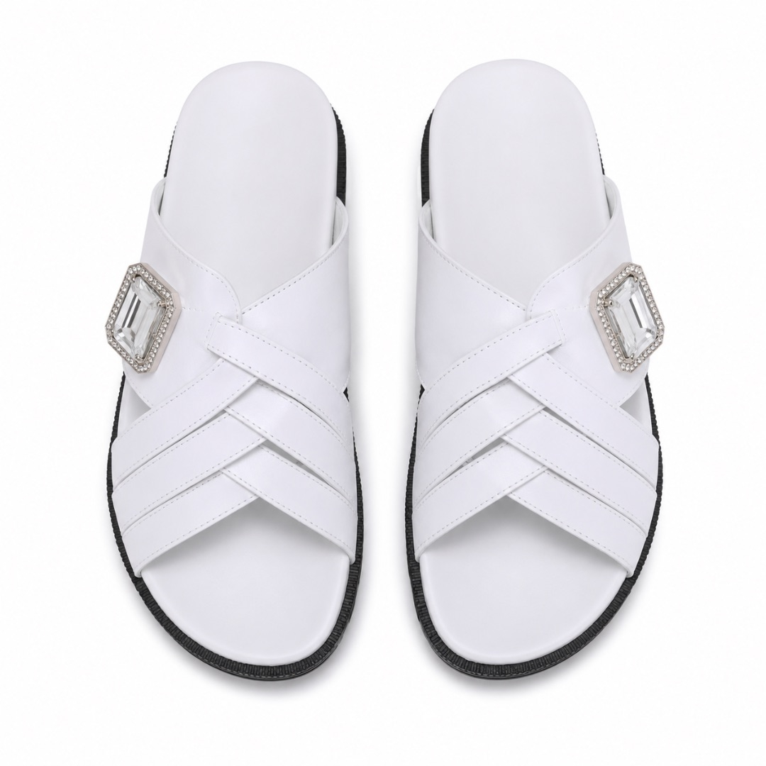 Premium White  Cross Strap Comfort Slide Sandals