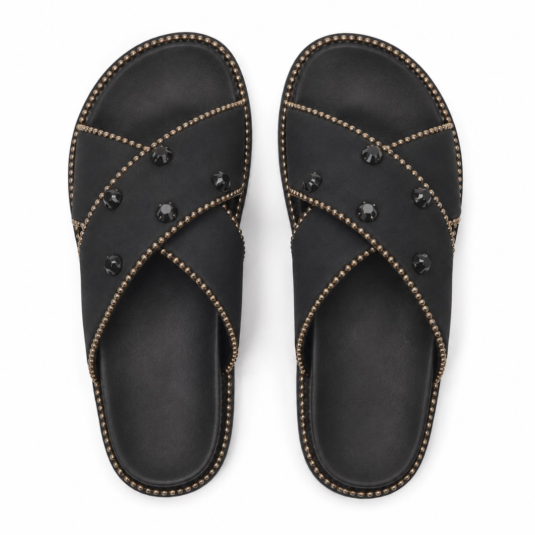 Premium  Black Studded Cross Strap Fashion Slide Sandals