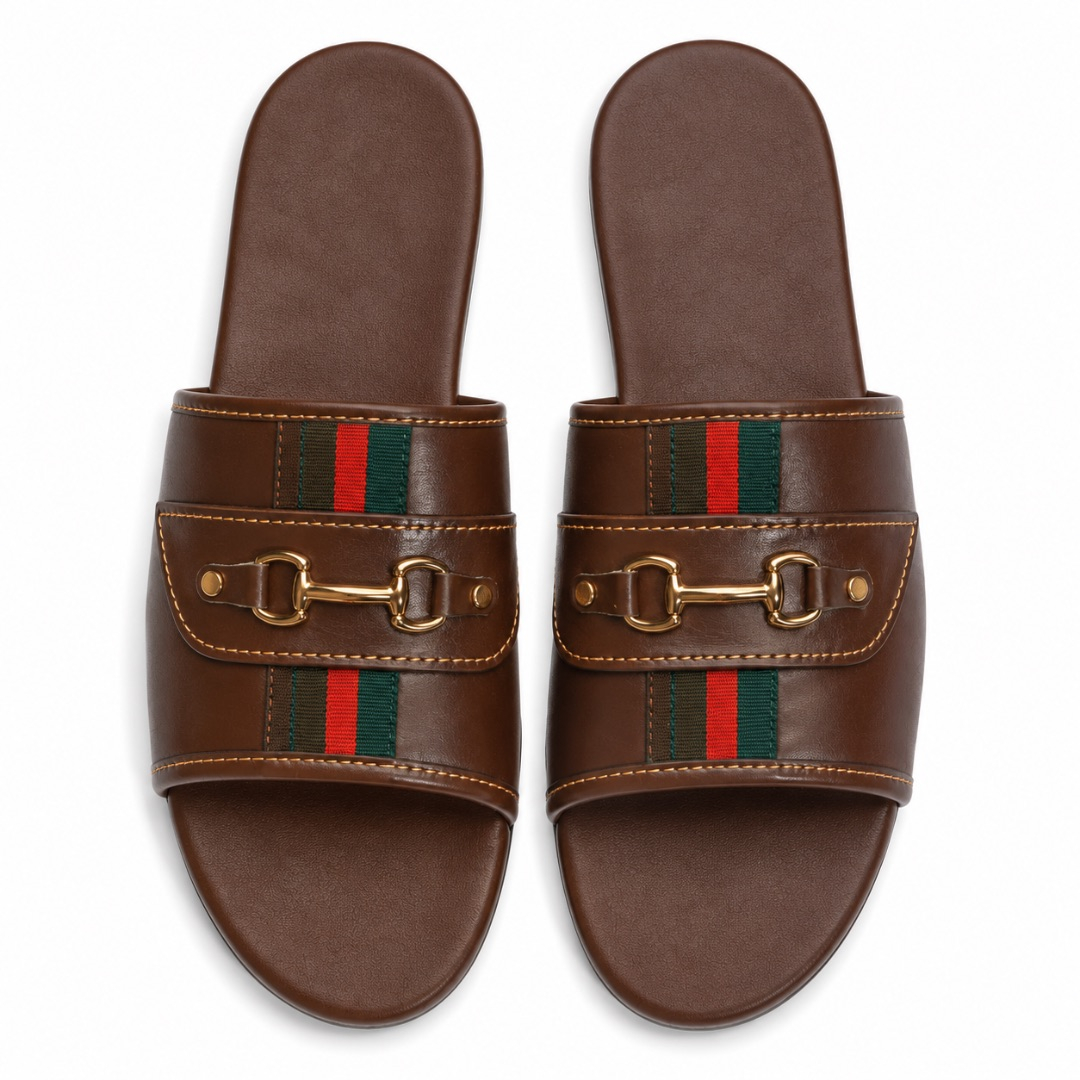 Premium Brown Luxury Slide Sandals with Horsebit Metal Accent