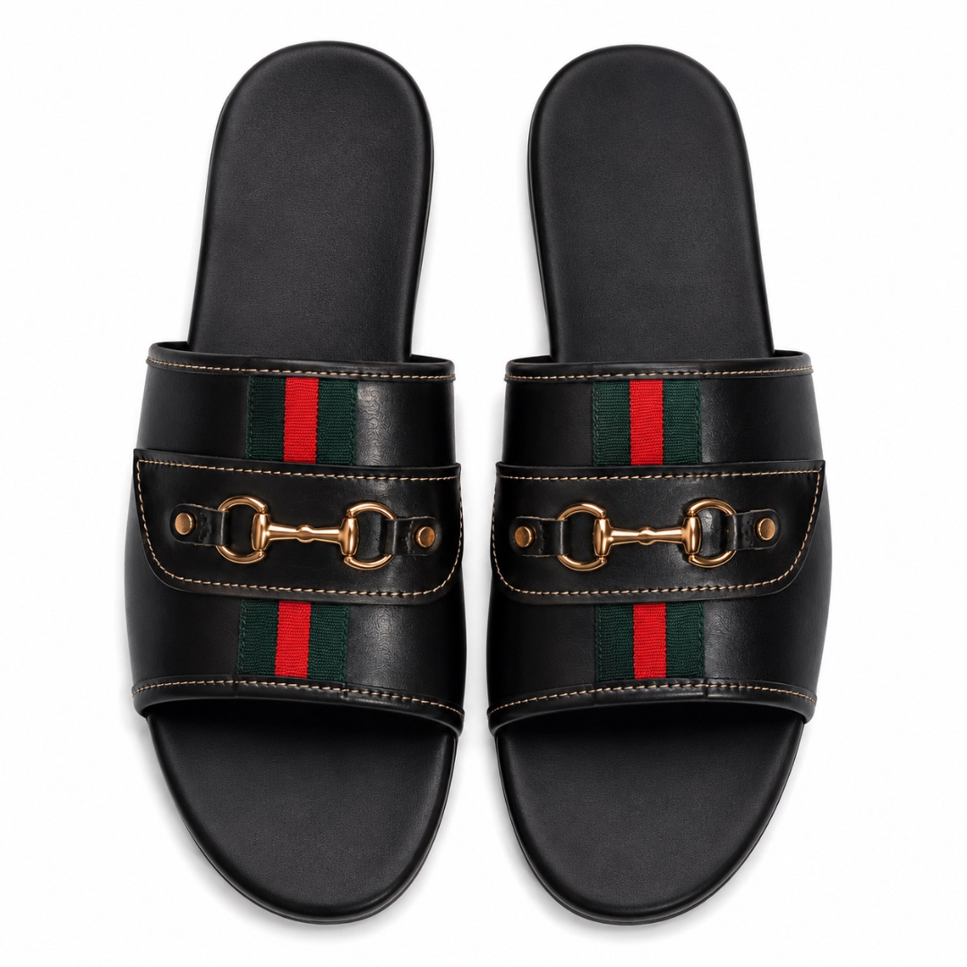 Premium Black Luxury Slide Sandals with Horsebit Metal Accent