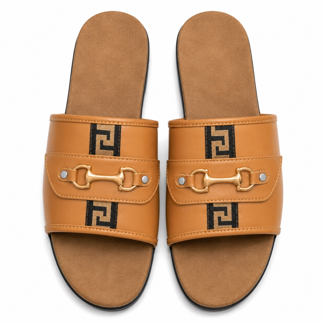 Premium Tan Brown Luxury Slide Sandals with Gold Horsebit Accent