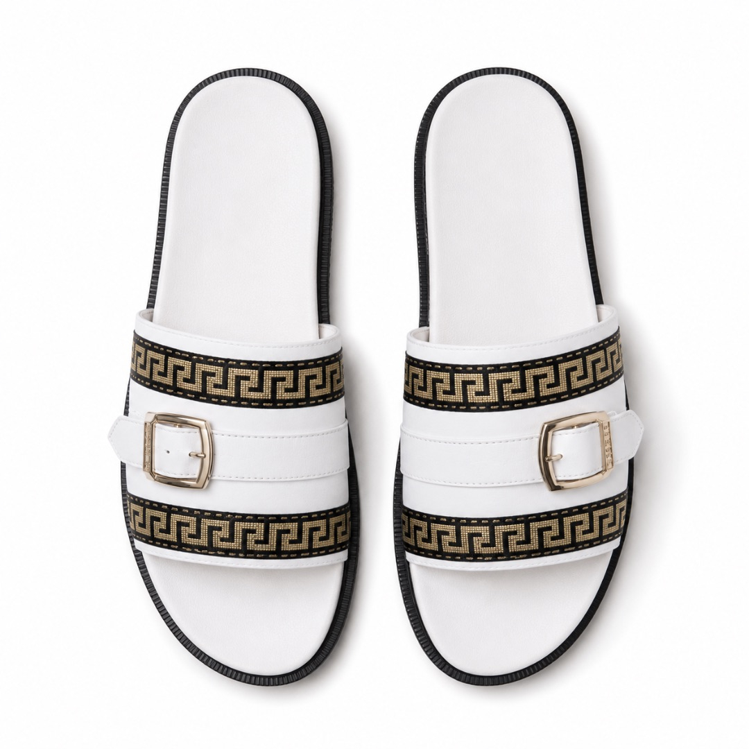 Premium White Double Strap Luxury Slide Sandals with Gold Buckle Accent