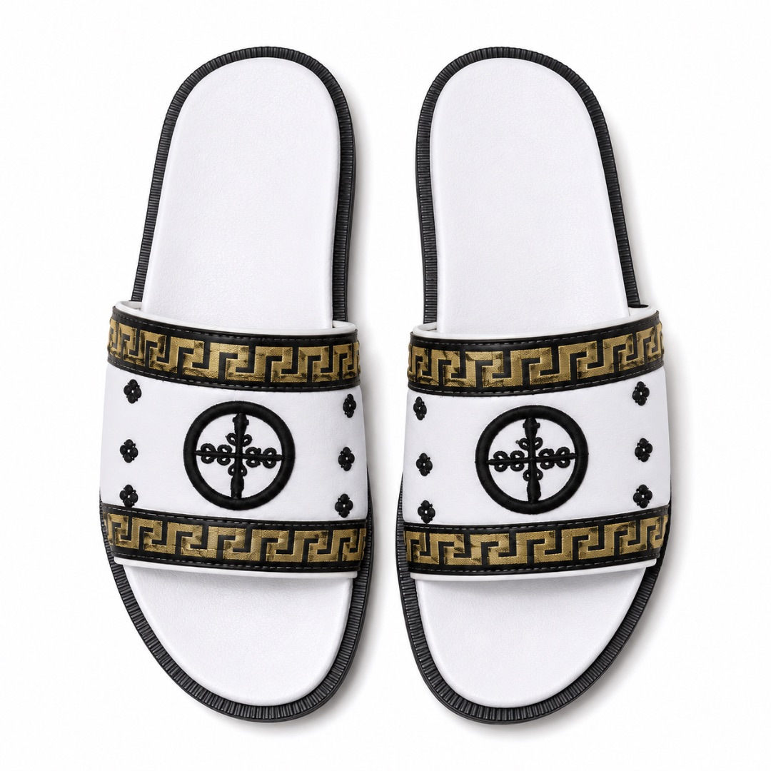 Premium White Embroidered Luxury Slide Sandals with Gold Pattern Trim