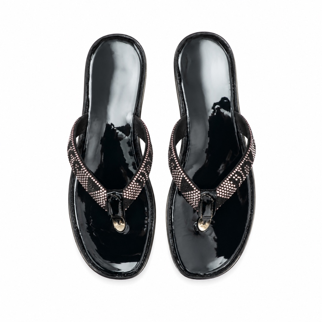 Luxury Black Rhinestone Strap Low Heel Flip Flop Sandals  for Women