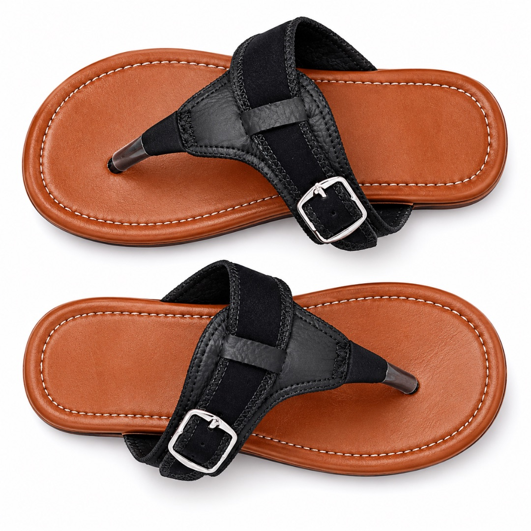 Luxury Black Buckle Strap Flat Toe Post Sandals  for Women