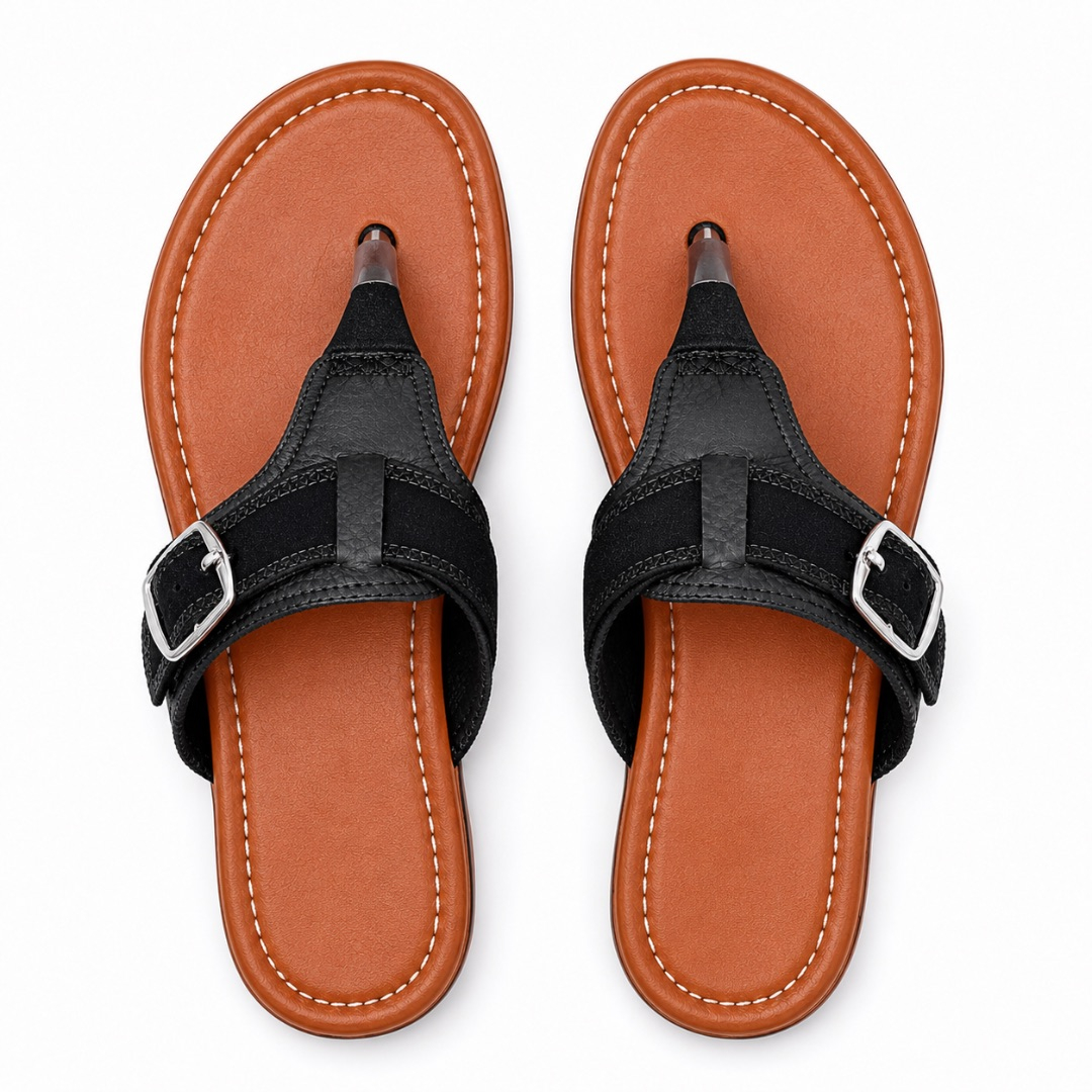 Luxury Black Buckle Strap Flat Toe Post Sandals  for Women