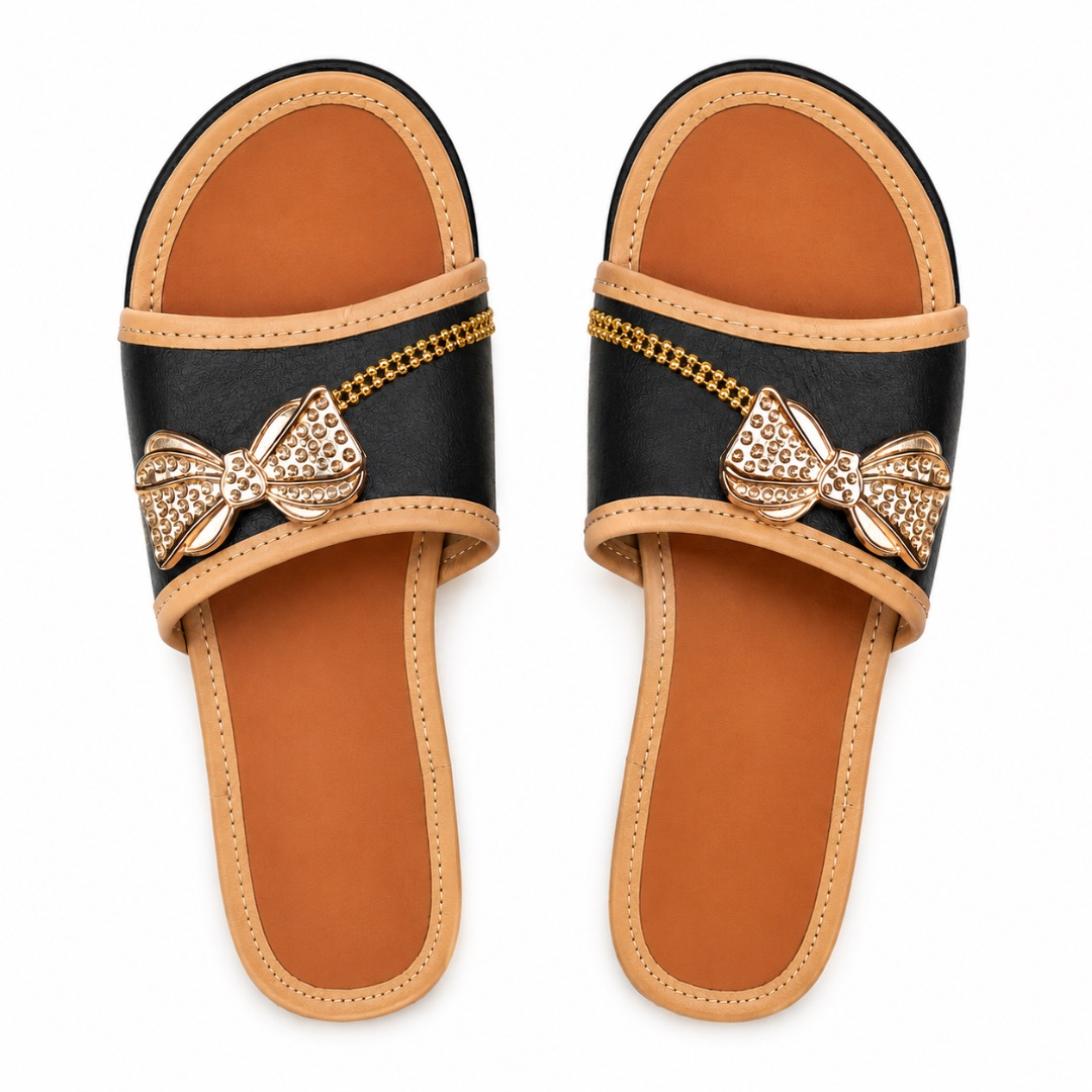 Luxury Black and Nude Bow Accent Flat Slide Sandals  for Women