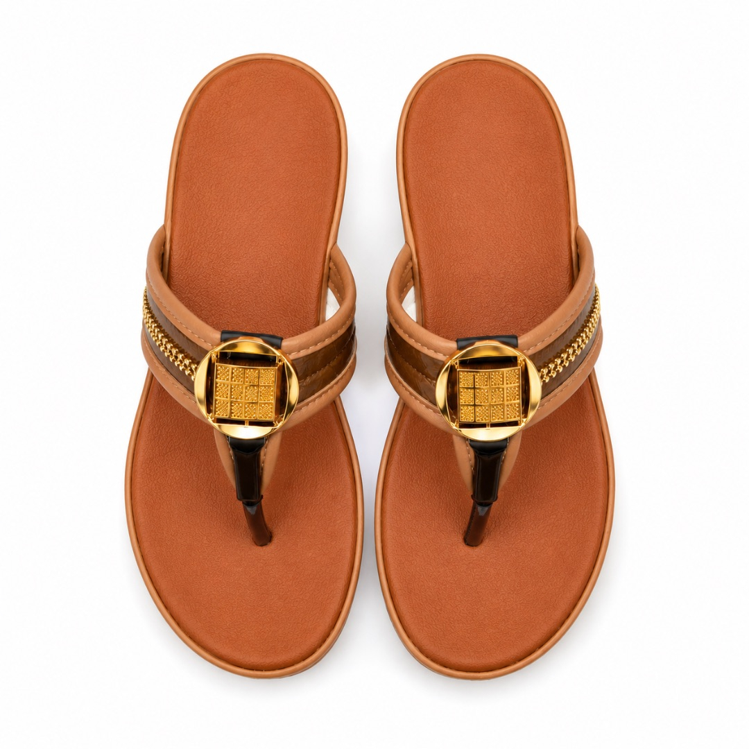 Luxury Brown Gold Accent Flat Flip Flop Sandals    for Women