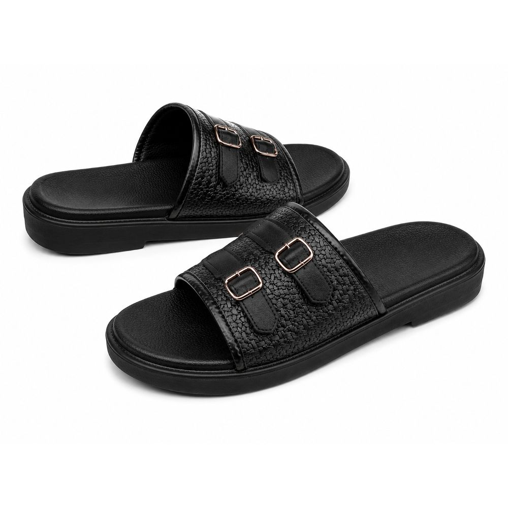 Womens Black Double Buckle Slide Sandals