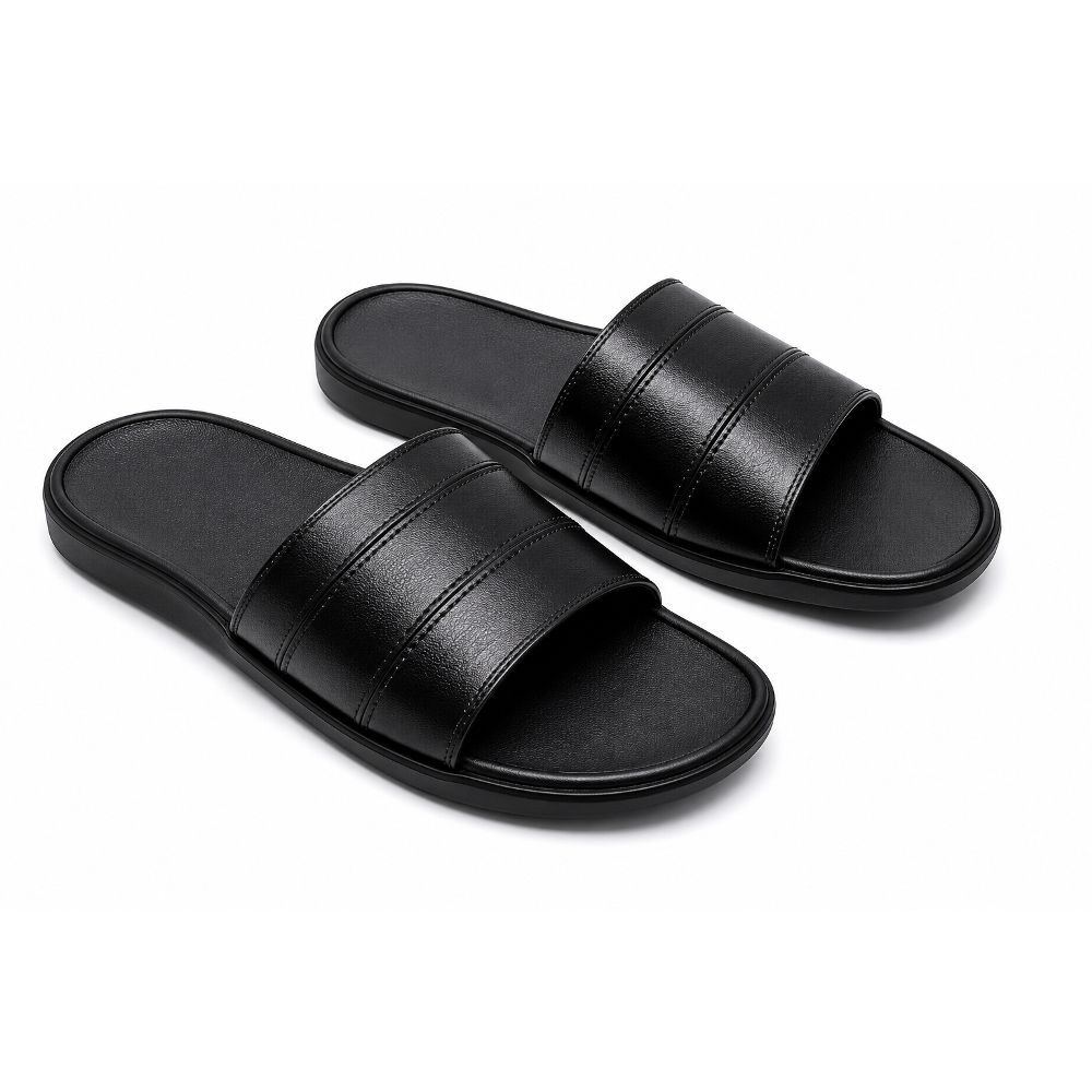 Mens Black Double Strap Slide Sandals