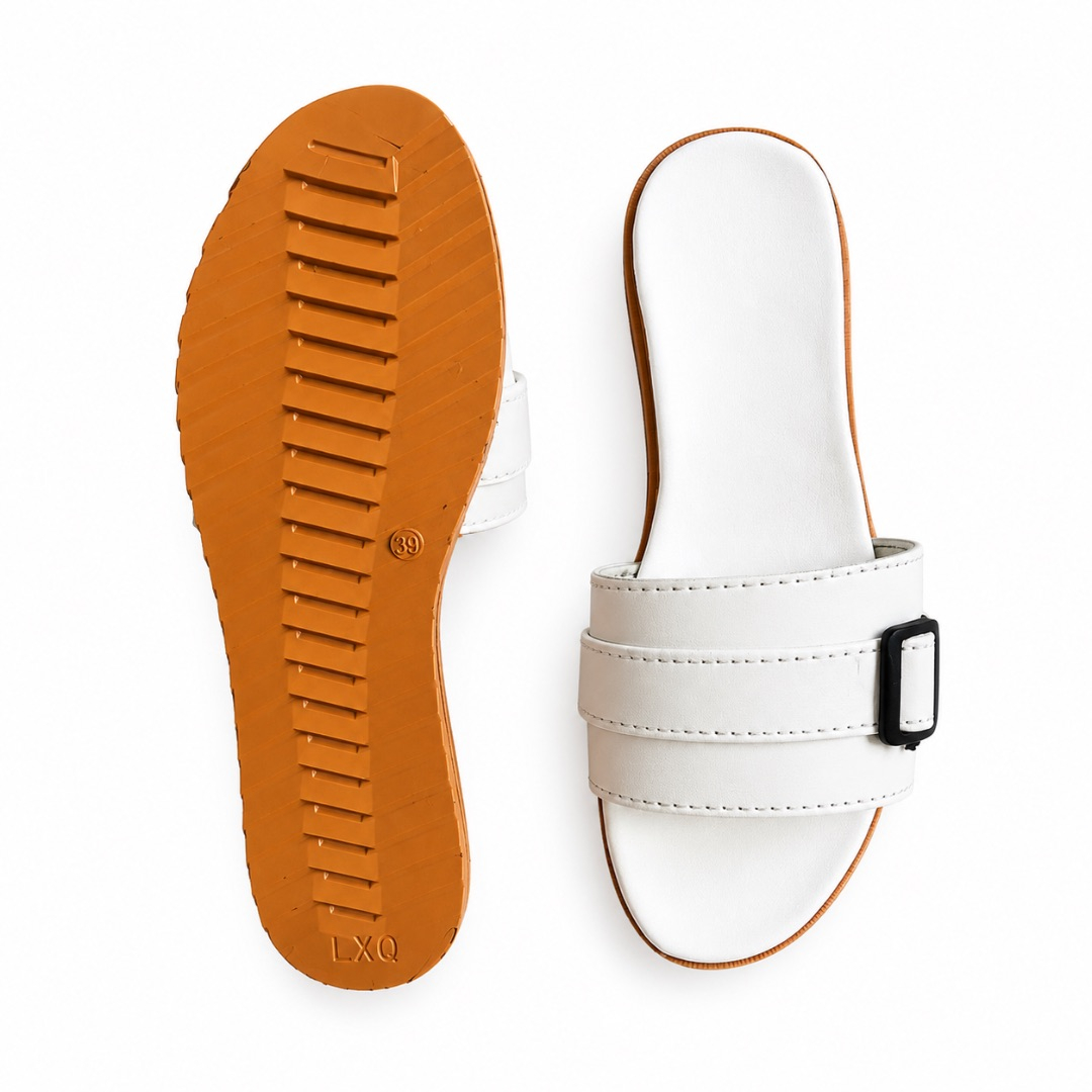 Minimalist White Buckle Detail Slide Sandals