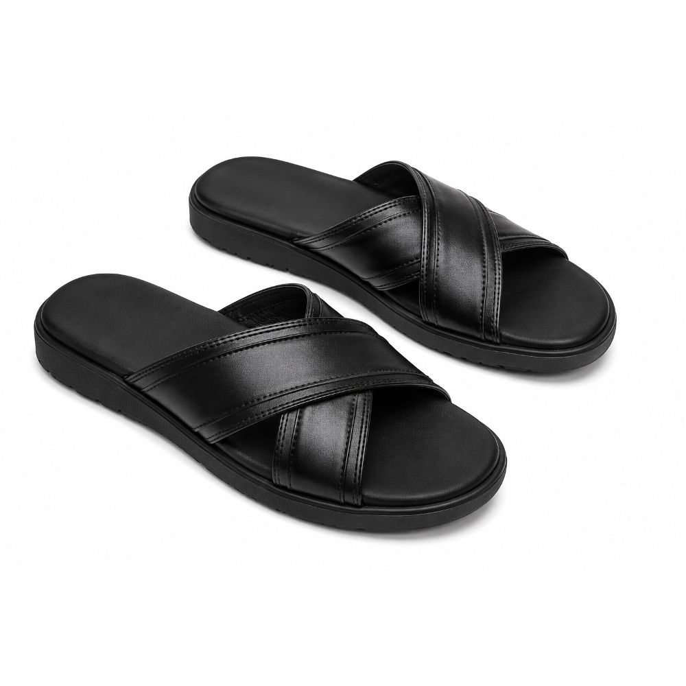 Black Leather Slide Sandals